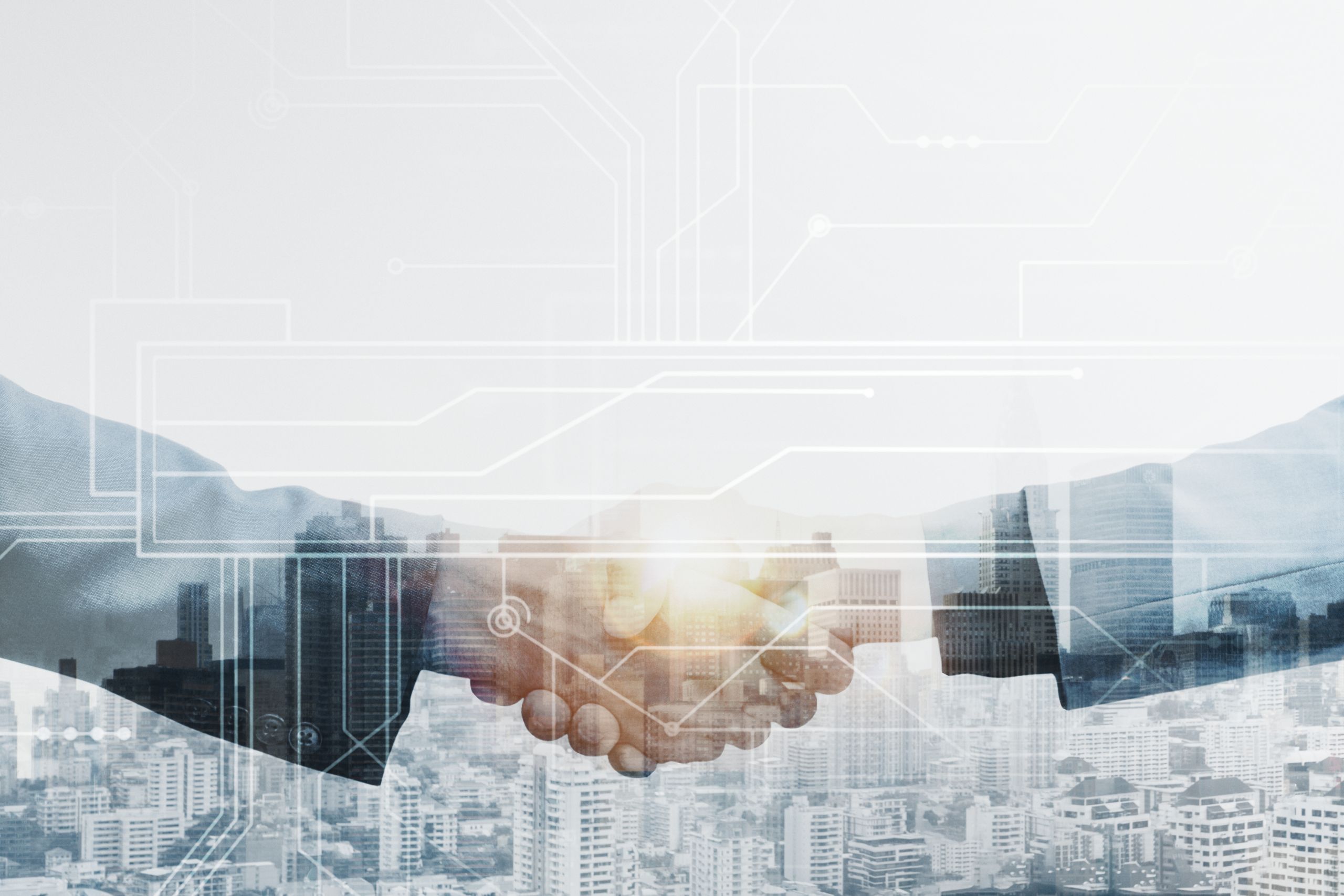 Business partners handshake global corporate with technology con